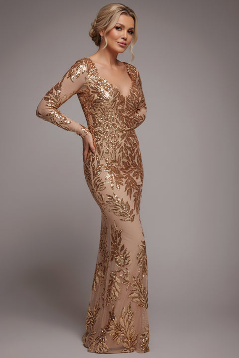 Sequin Leaf Long Sleeve Maxi Dress - Gold by Goddiva