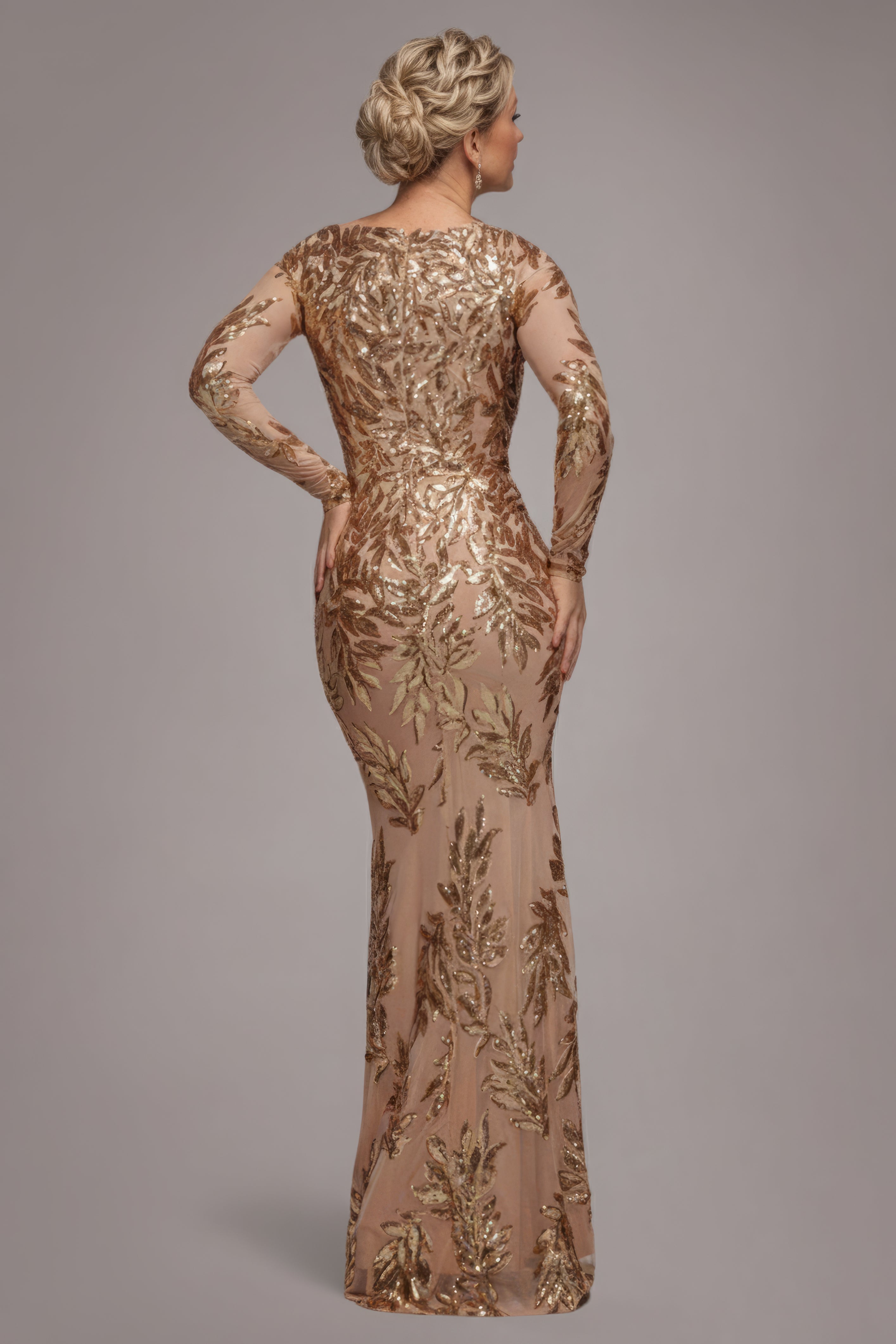 Sequin Leaf Long Sleeve Maxi Dress - Gold DR4359M