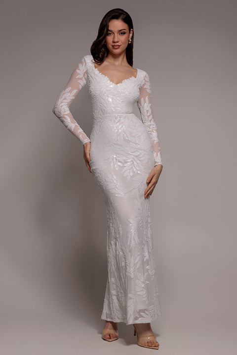 Sequin Leaf Long Sleeve Maxi Dress - White by Goddiva