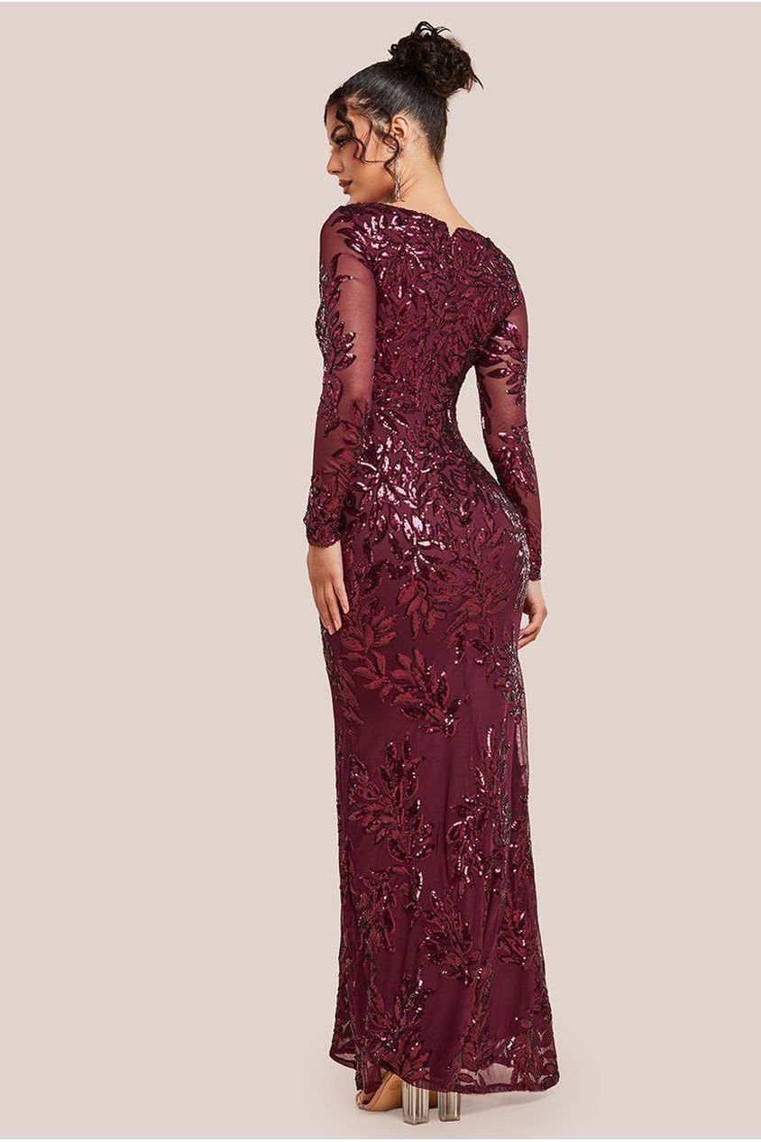 Sequin Leaf Long Sleeve Maxi Dress - Burgundy DR4359