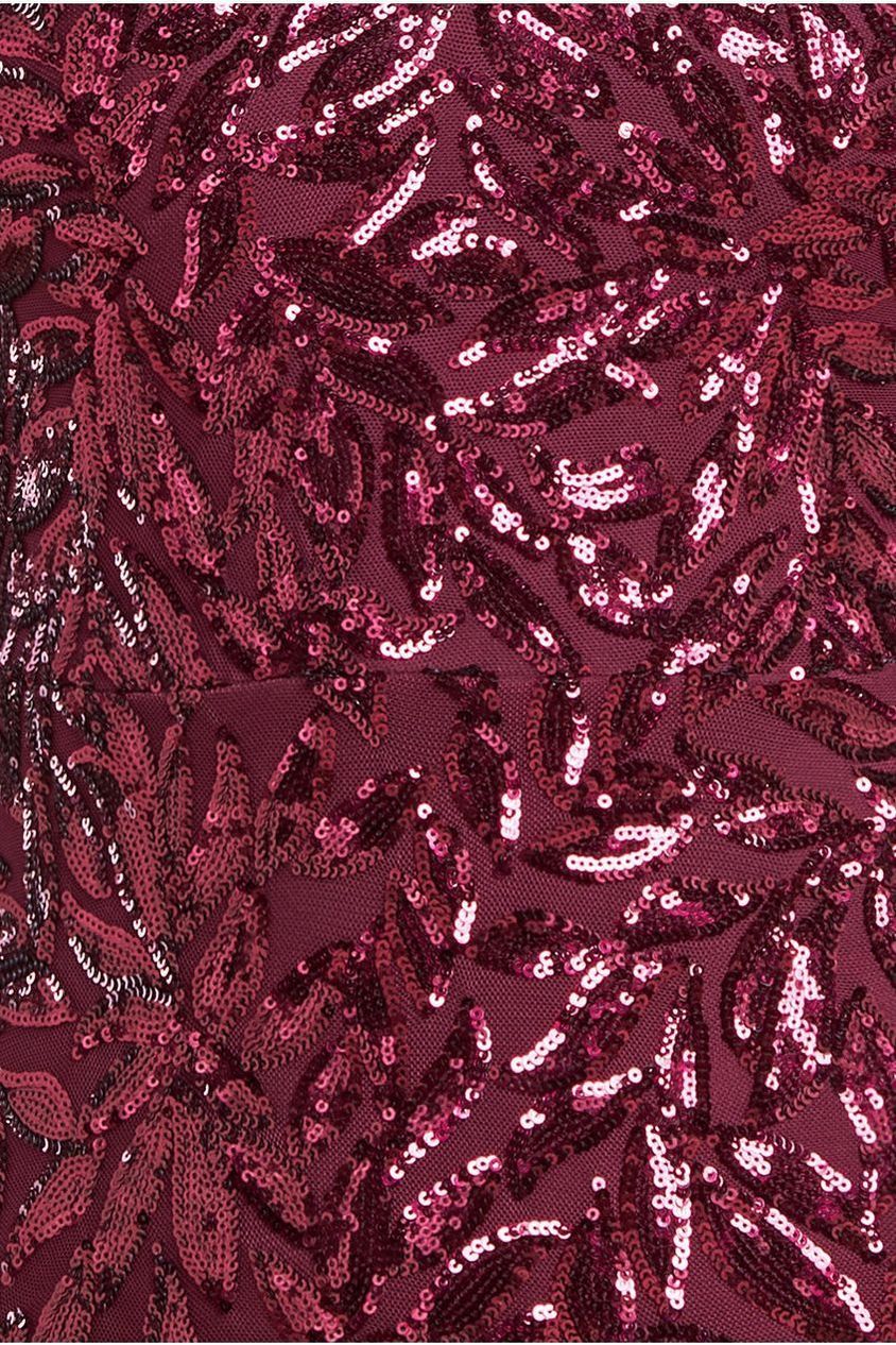 Sequin Leaf Long Sleeve Maxi Dress - Burgundy DR4359