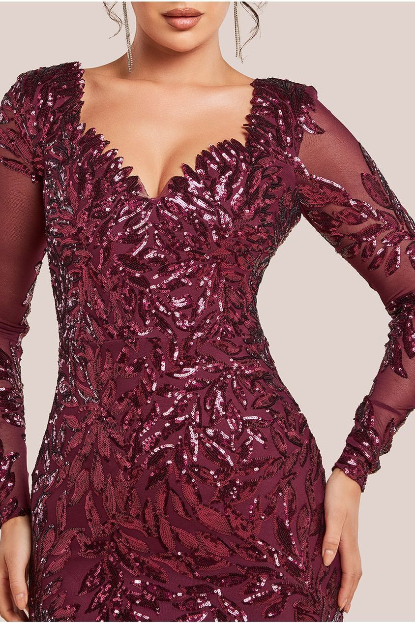 Sequin Leaf Long Sleeve Maxi Dress - Burgundy DR4359