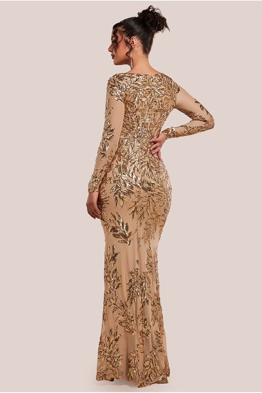 Sequin Leaf Long Sleeve Maxi Dress - Gold DR4359