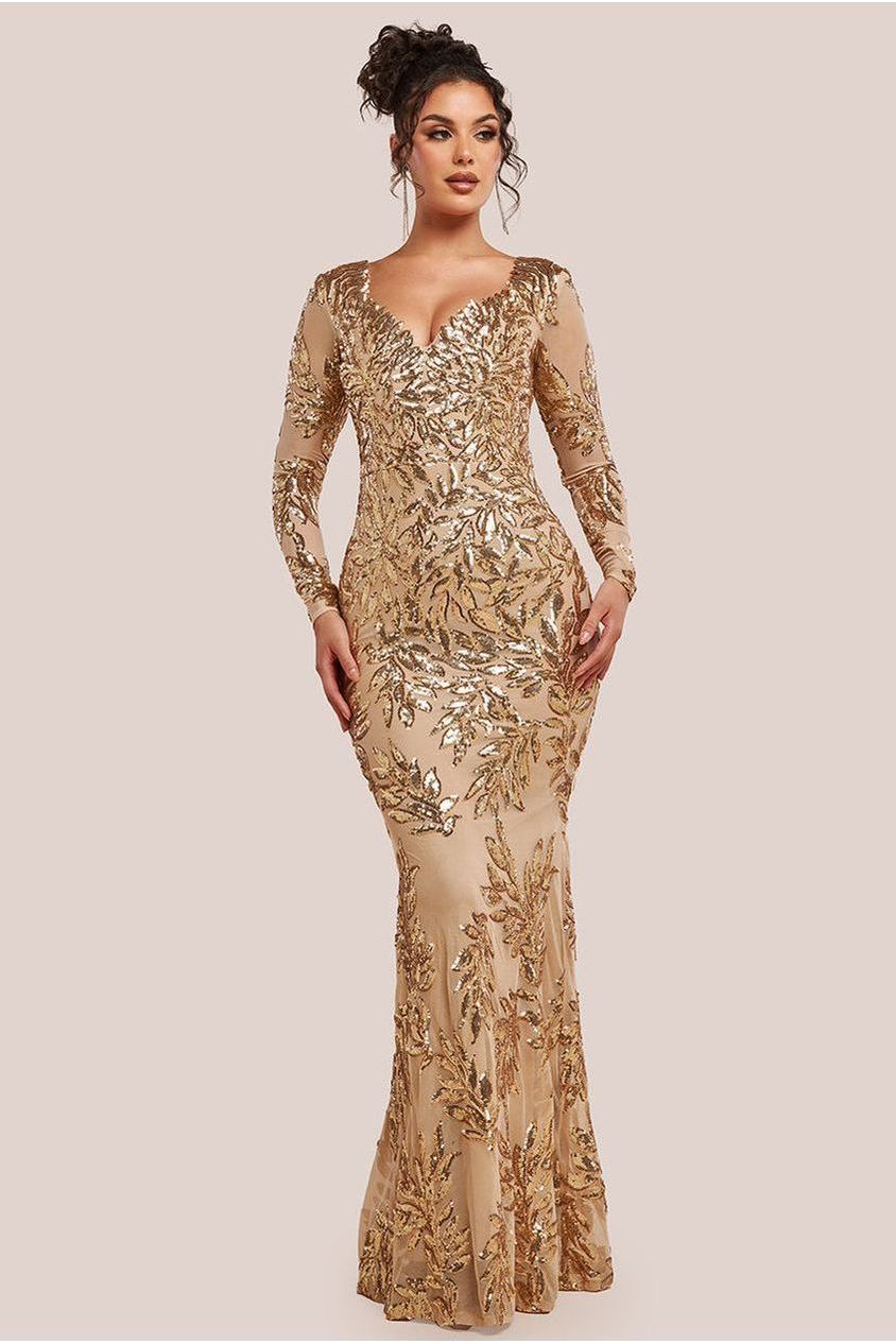 Sequin Leaf Long Sleeve Maxi Dress - Gold DR4359