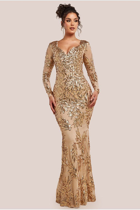 Sequin Leaf Long Sleeve Maxi Dress - Gold by Goddiva