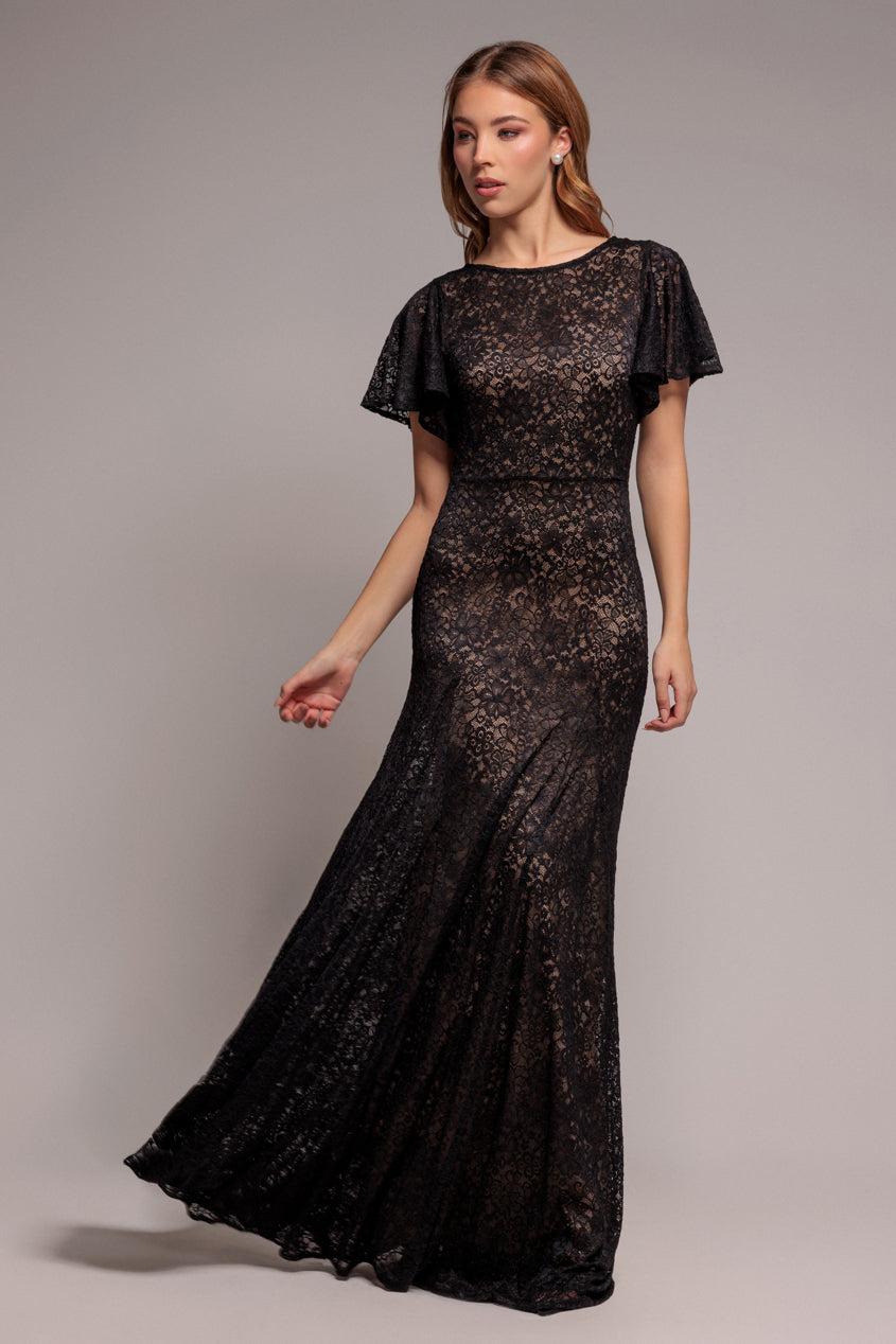 Flutter Sleeve Lace A-Line Maxi Dress - Black DR4361