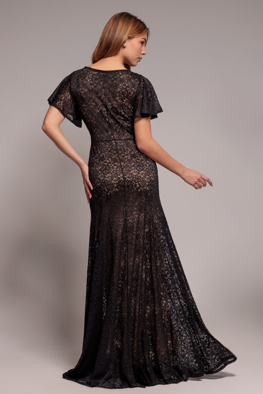 Flutter Sleeve Lace A-Line Maxi Dress - Black DR4361