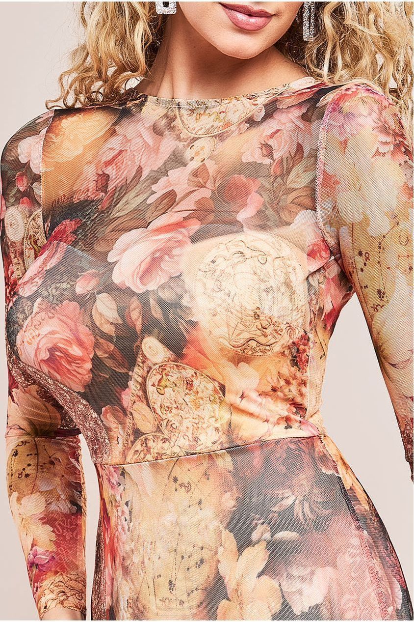 Printed Soft Mesh A-Line Maxi Dress - Orange DR4363