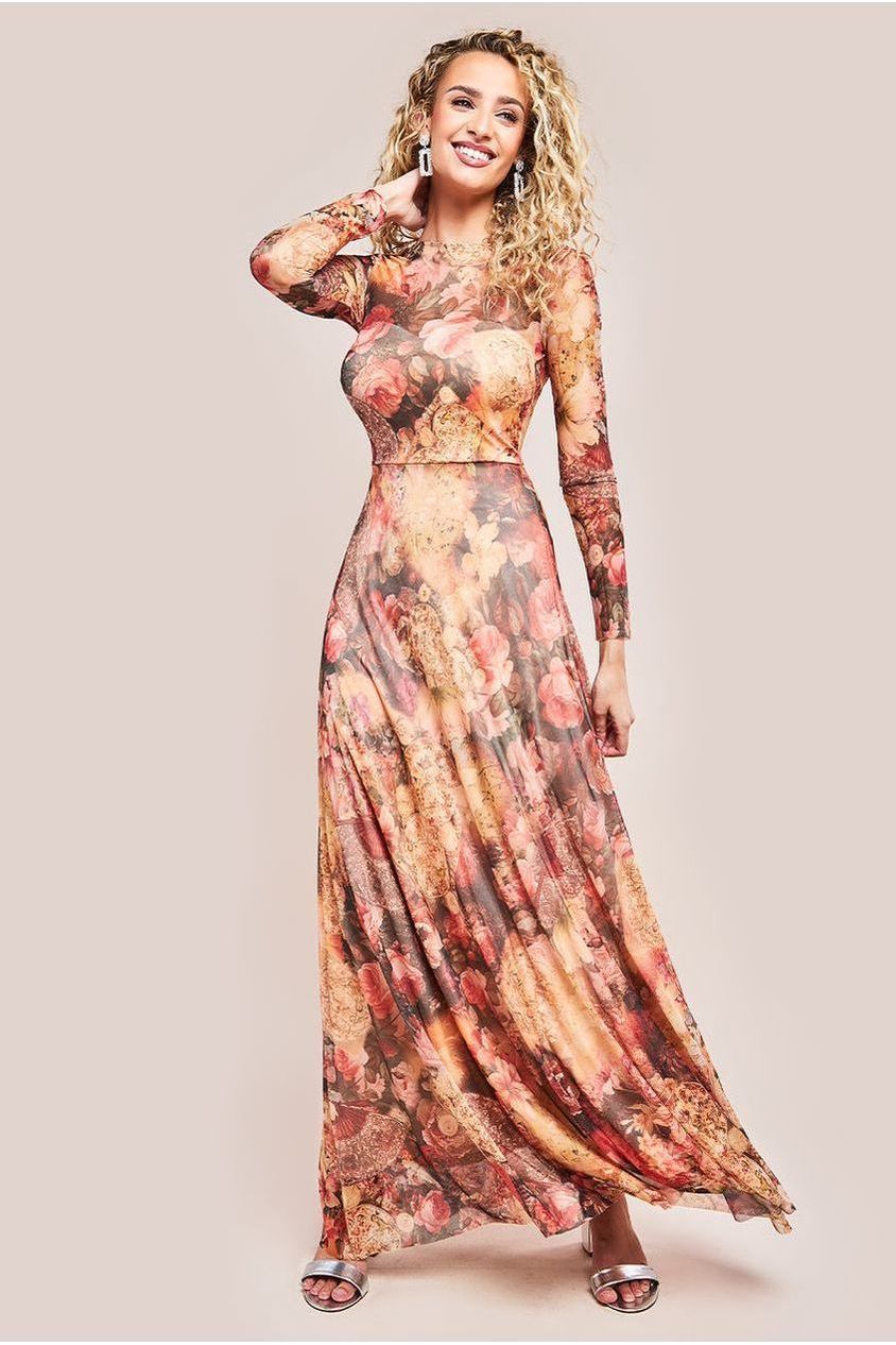 Printed Soft Mesh A-Line Maxi Dress - Orange DR4363