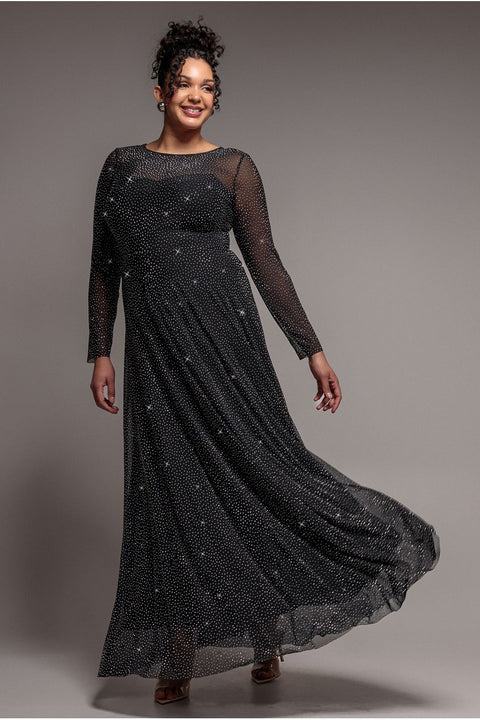 Hotfix Diamante Mesh A-Line Long Sleeve Maxi Dress - Black by Goddiva Plus