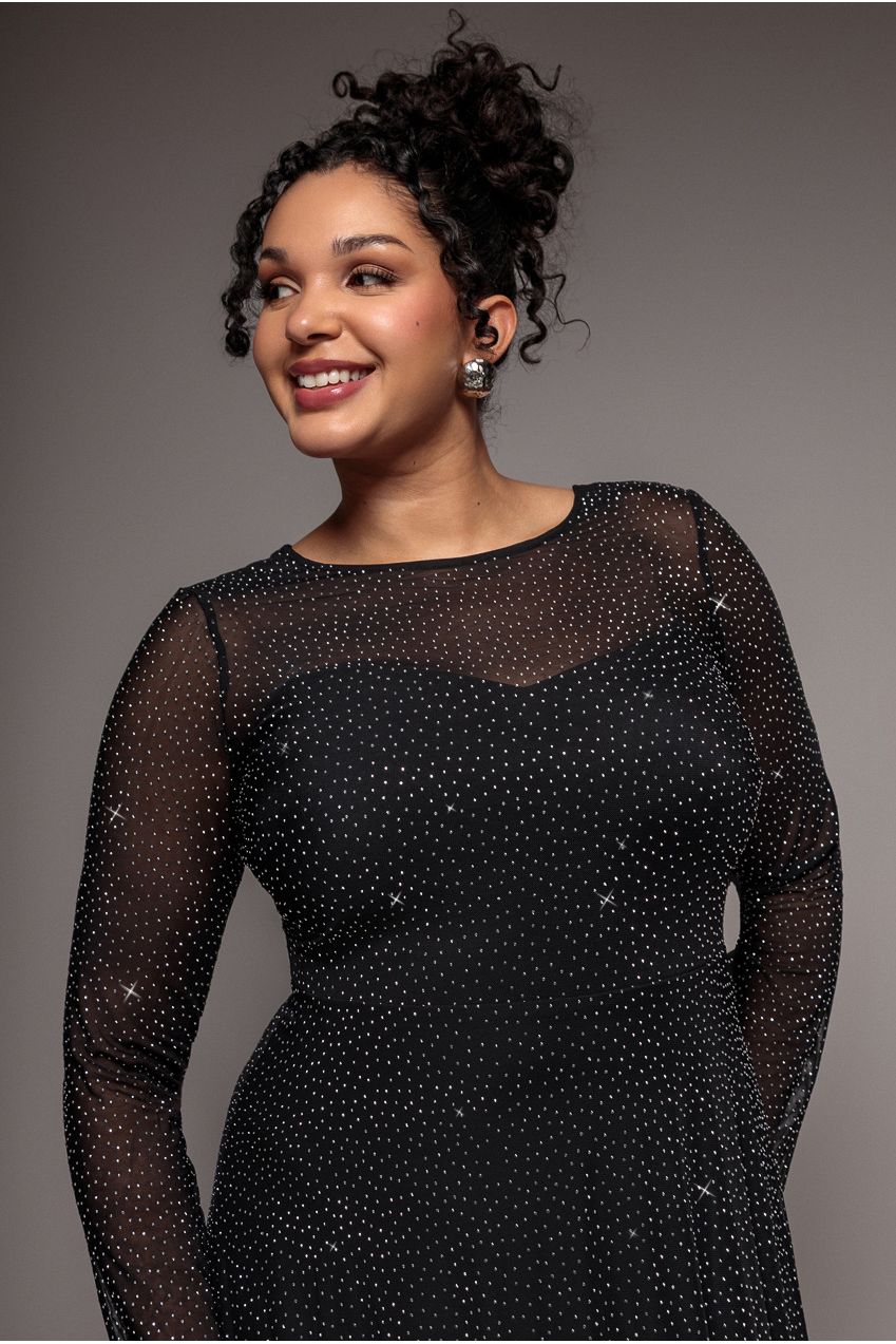 Hotfix Diamante Mesh A-Line Long Sleeve Maxi Dress - Black DR4365PLUS