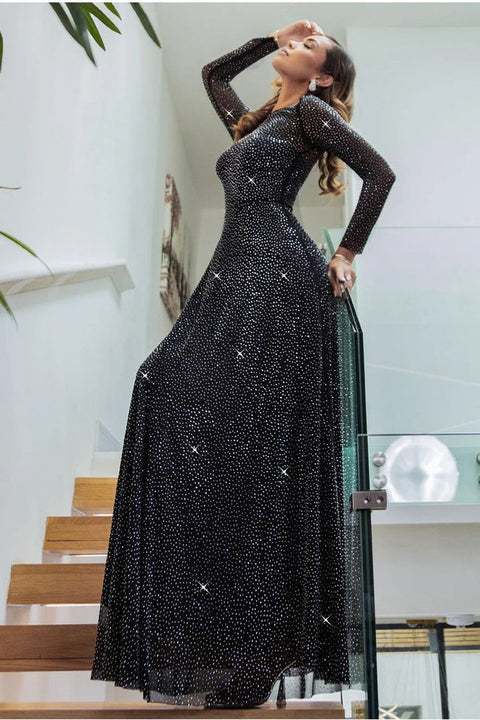 Hotfix Diamante Mesh A-Line Long Sleeve Maxi Dress - Black by Goddiva