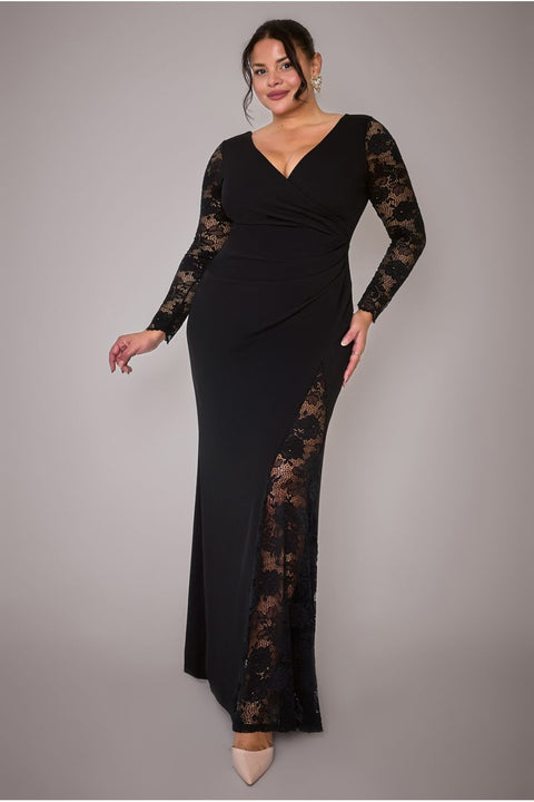 Scuba & Lace Wrap Maxi Dress - Black by Goddiva Plus