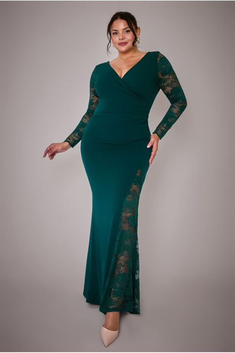 Scuba & Lace Wrap Maxi Dress - Emerald by Goddiva Plus