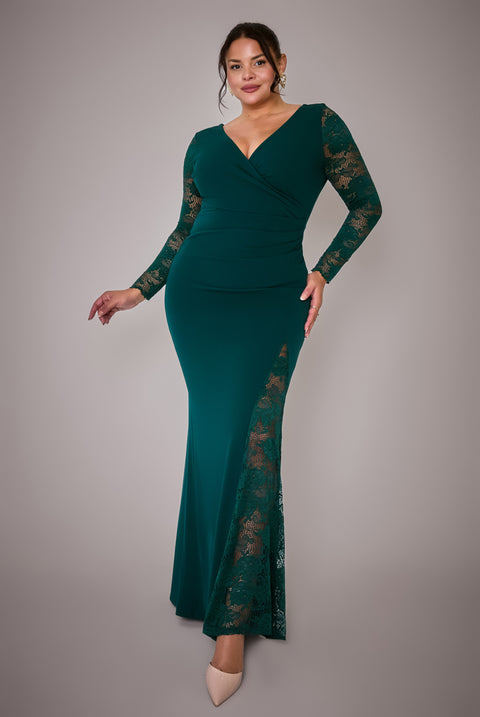 Scuba & Lace Wrap Maxi Dress - Emerald by Goddiva Plus