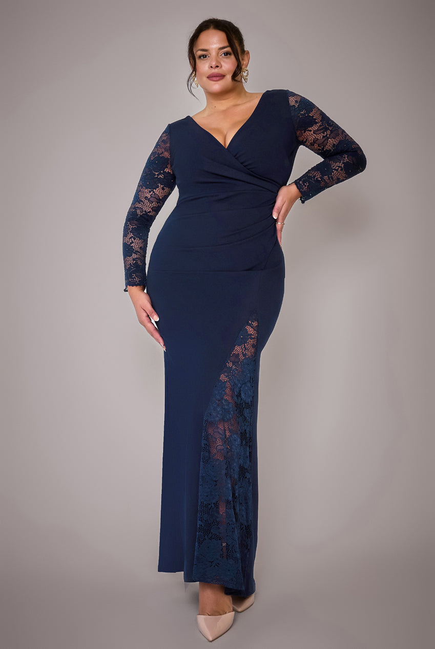 Scuba & Lace Wrap Maxi Dress - Navy Blue DR4366PLUS
