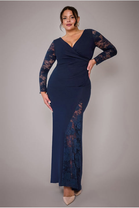 Scuba & Lace Wrap Maxi Dress - Navy Blue by Goddiva Plus