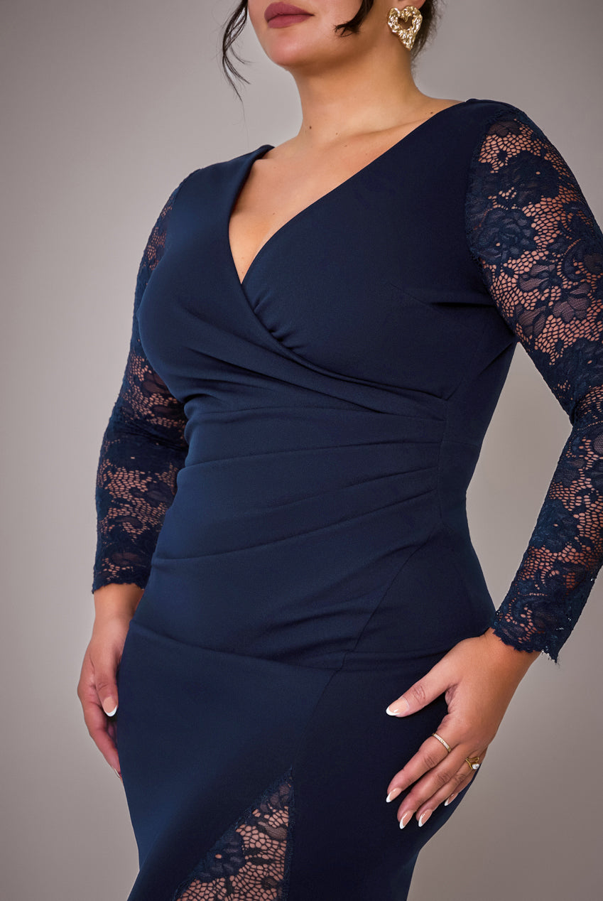 Scuba & Lace Wrap Maxi Dress - Navy Blue DR4366PLUS