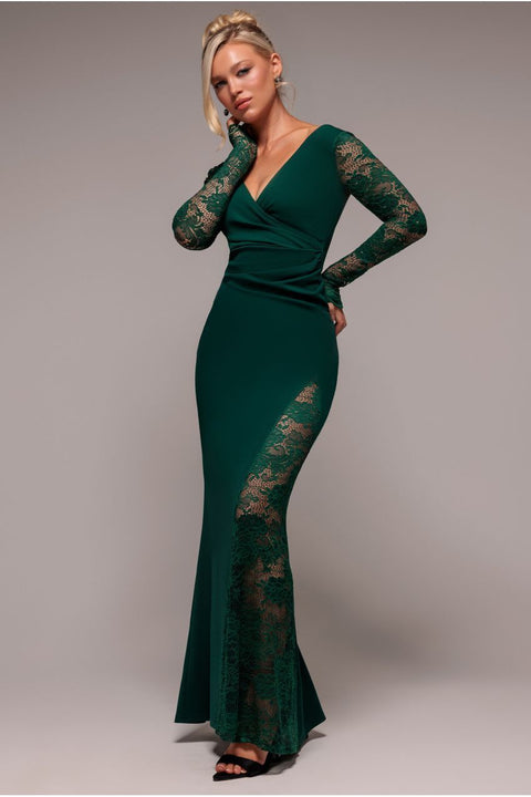 Scuba & Lace Wrap Maxi Dress - Emerald by Goddiva