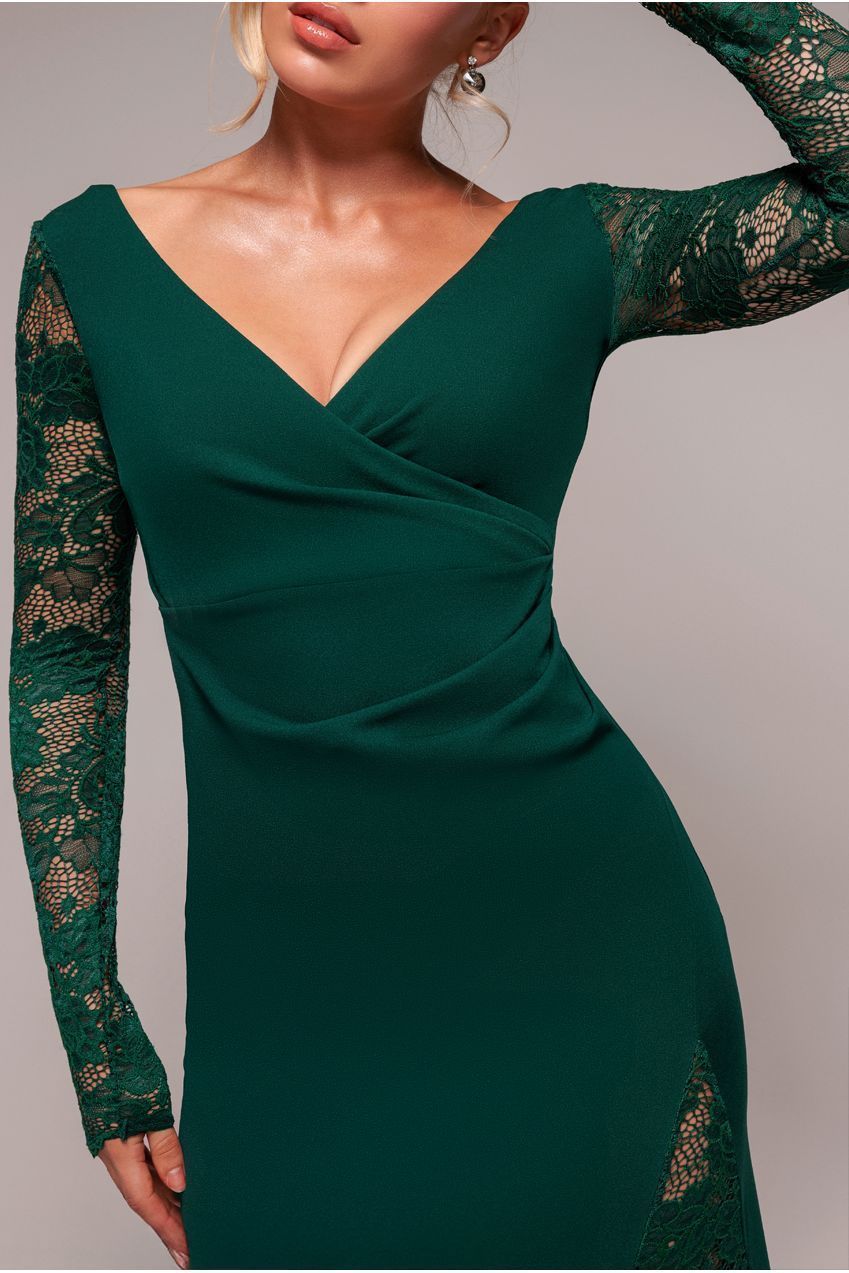 Scuba & Lace Wrap Maxi Dress - Emerald DR4366