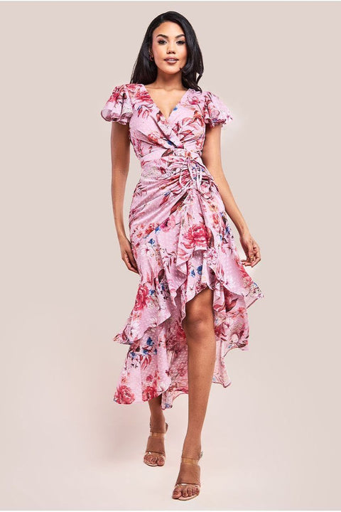 Floral Wrap High And Low Midaxi Dress - Blush Pink by Goddiva