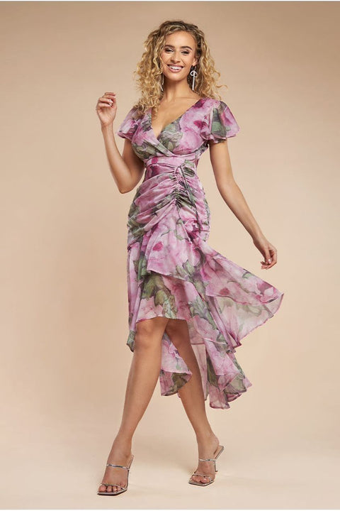 Floral Wrap High And Low Midaxi Dress - Blush by Goddiva