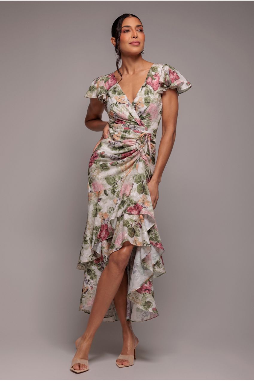 Floral Wrap High And Low Midaxi Dress - Cream DR4369