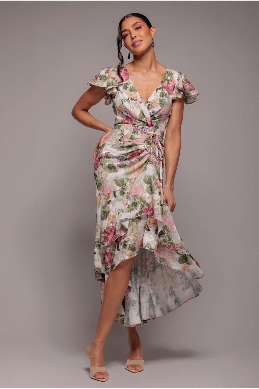 Floral Wrap High And Low Midaxi Dress - Cream DR4369