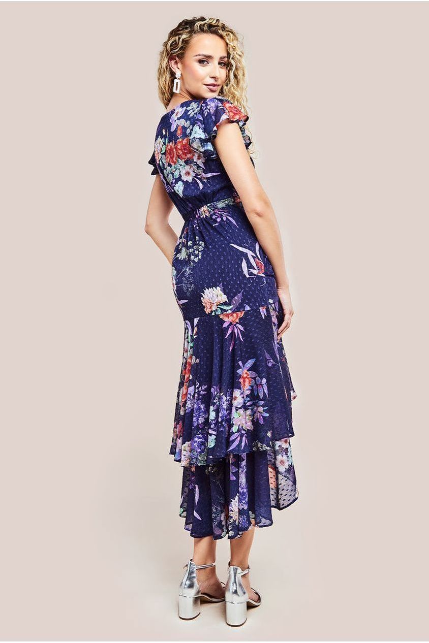 Floral Wrap High And Low Midaxi Dress - Navy DR4369