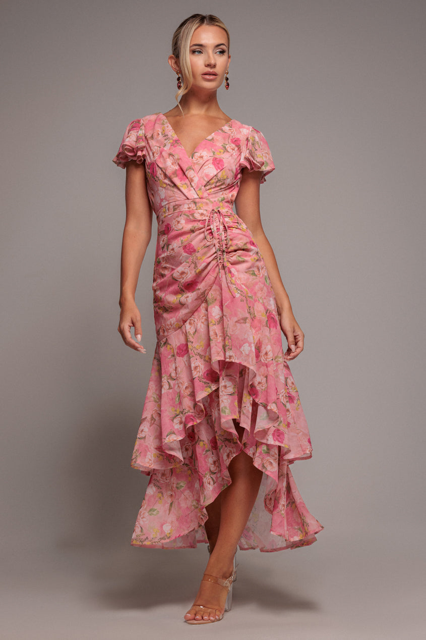 strapless open back dress Floral Wrap High And Low Midaxi Dress - Pink