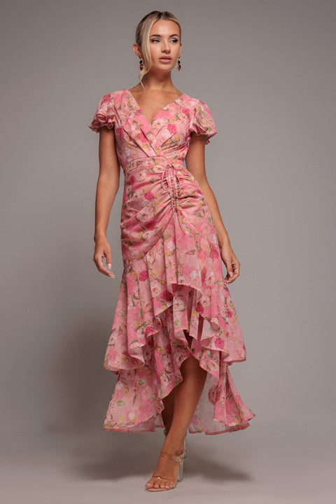 Floral Wrap High And Low Midaxi Dress - Pink by Goddiva