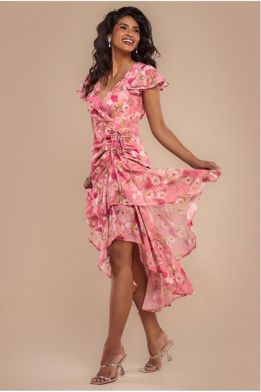 Floral Wrap High And Low Midaxi Dress - Pink DR4369