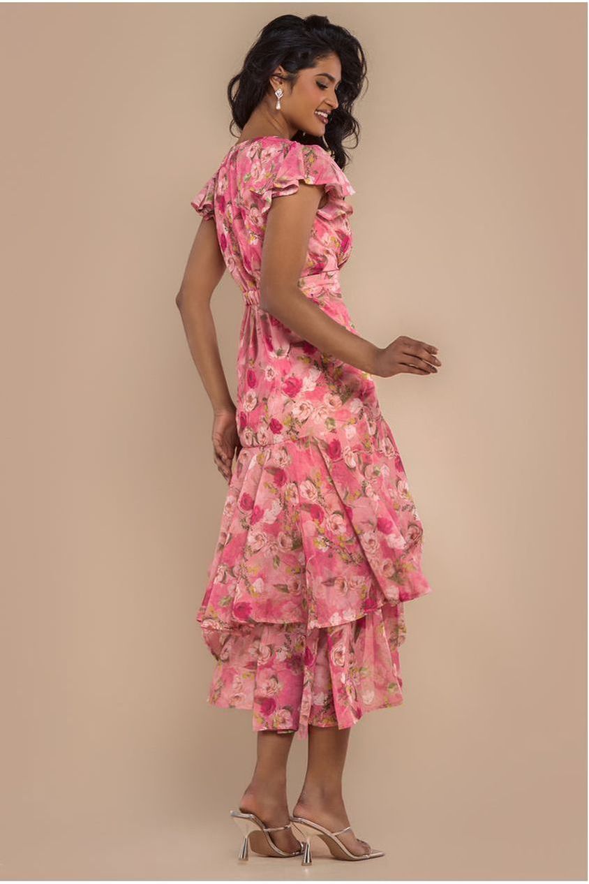 Floral Wrap High And Low Midaxi Dress - Pink DR4369