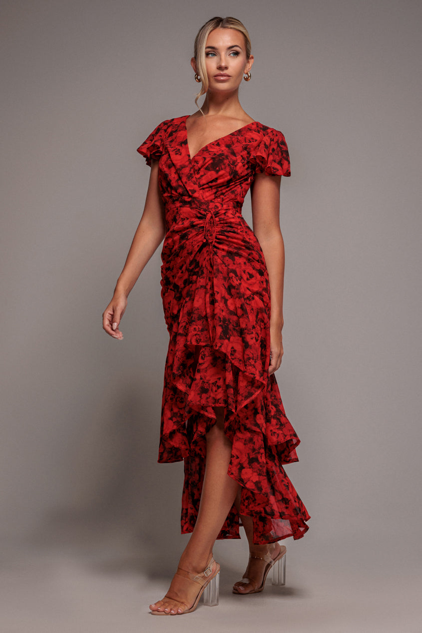 Floral Wrap High And Low Midaxi Dress - Red DR4369