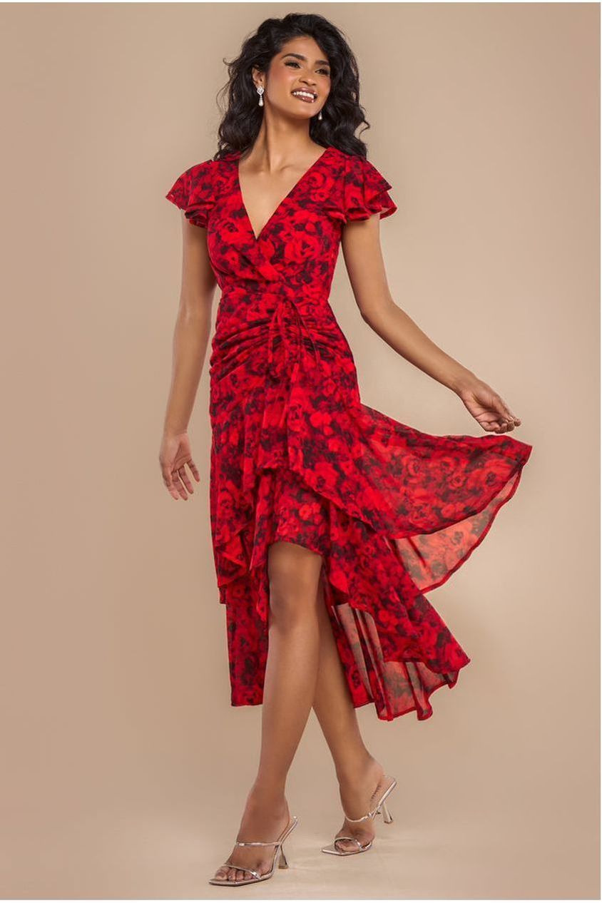 Floral Wrap High And Low Midaxi Dress - Red DR4369