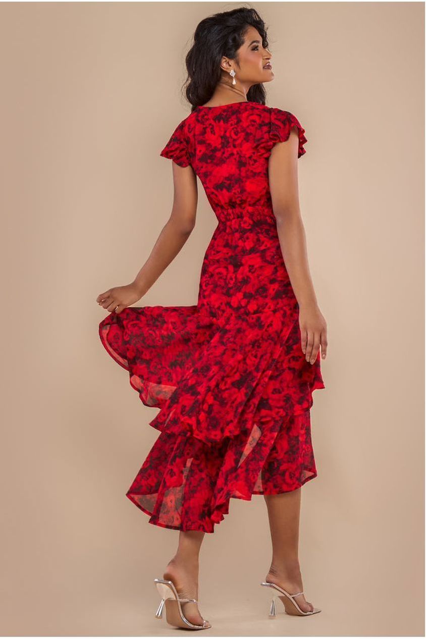 Floral Wrap High And Low Midaxi Dress - Red DR4369