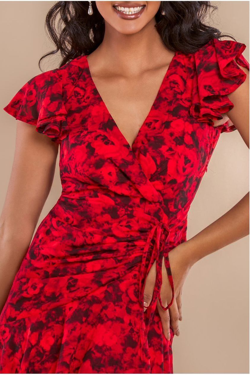 Floral Wrap High And Low Midaxi Dress - Red DR4369