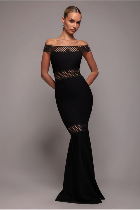Off The Shoulder Ribbed Bodycon Maxi Dress - Black by Goddiva
