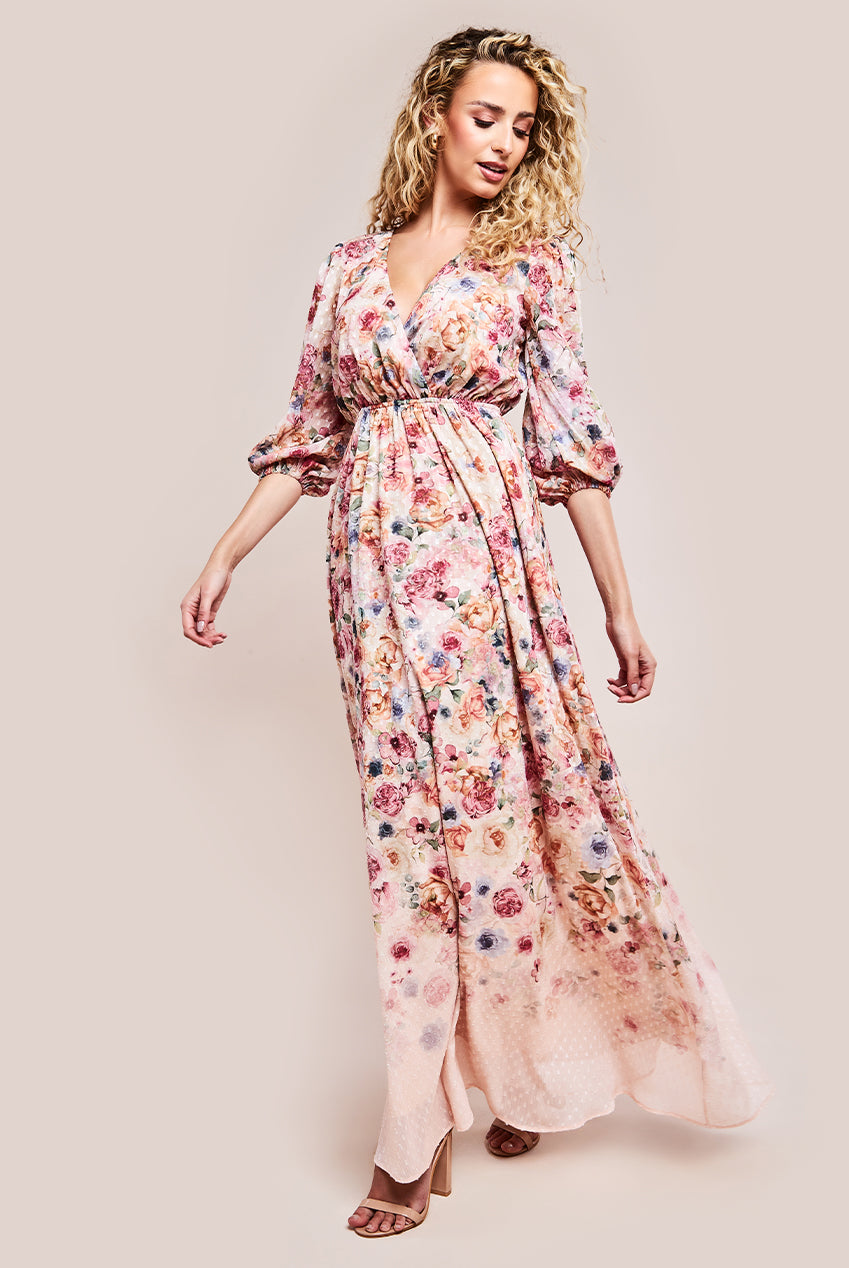 Ombre Floral Printed Wrap Maxi Dress - Ivory DR4373