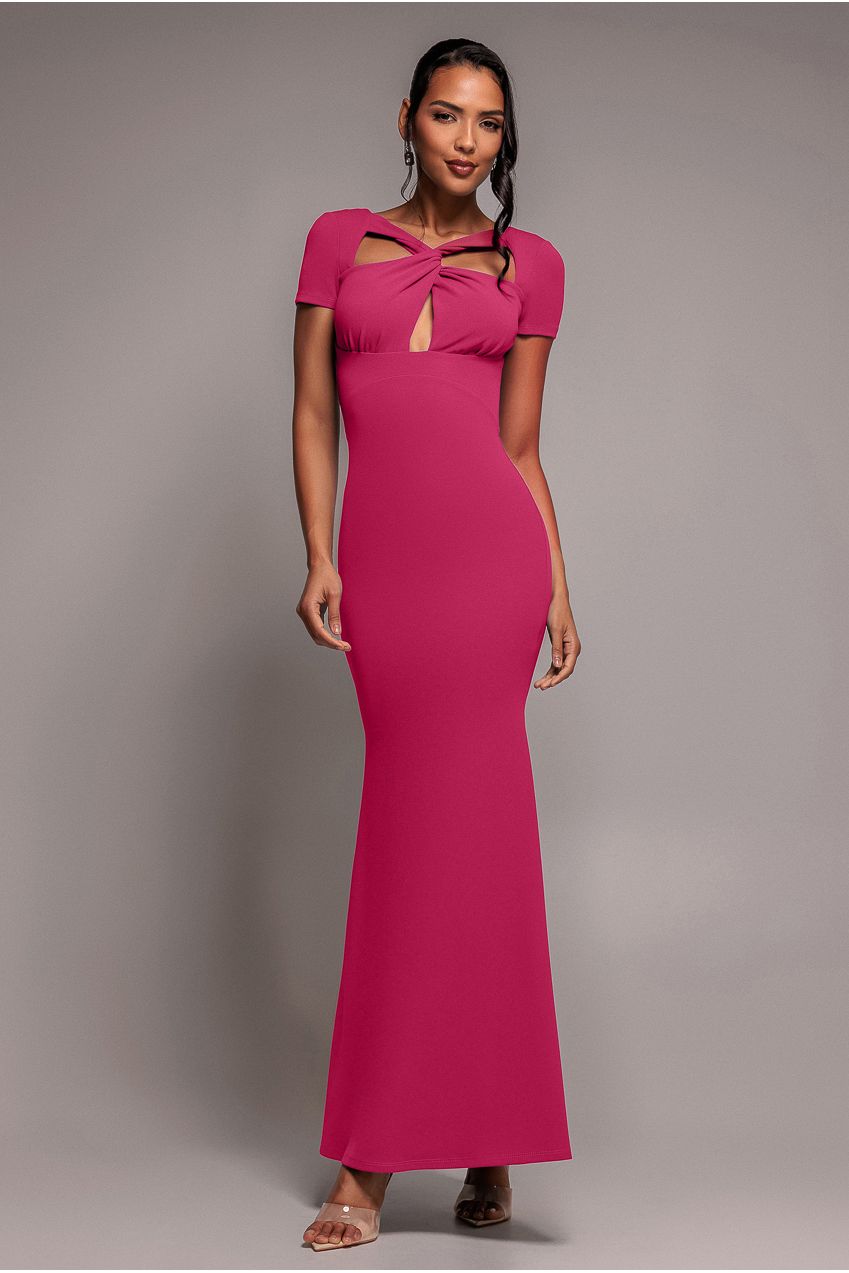 Scuba Crepe Twist Cutout Maxi Dress - Hot Pink | Goddiva Scuba Crepe Twist Cutout Maxi Dress - Hot Pink | Goddiva