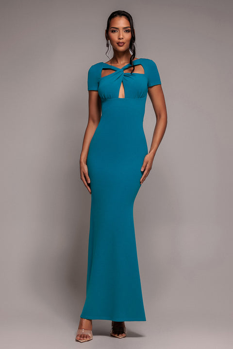Scuba Crepe Twist Cutout Maxi Dress - Teal Blue by Goddiva