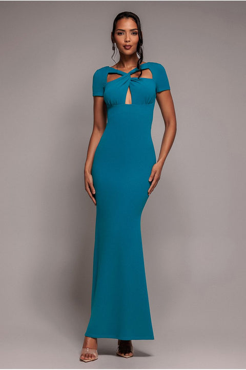 Scuba Crepe Twist Cutout Maxi Dress - Teal Blue by Goddiva