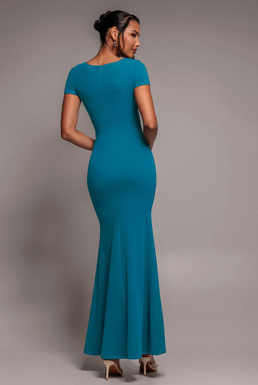 Scuba Crepe Twist Cutout Maxi Dress - Teal Blue DR4374