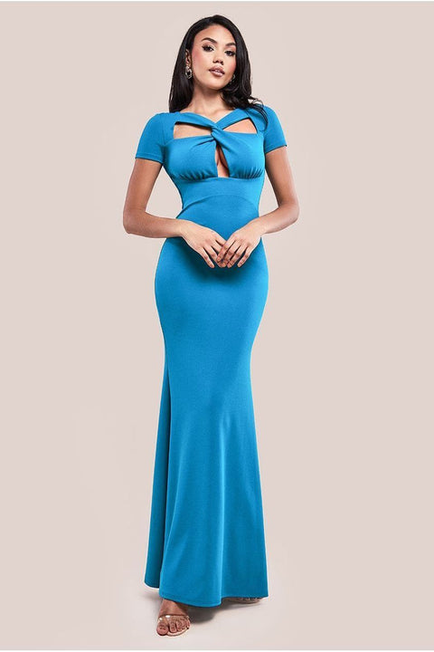 Scuba Crepe Twist Cutout Maxi Dress - Teal Blue by Goddiva
