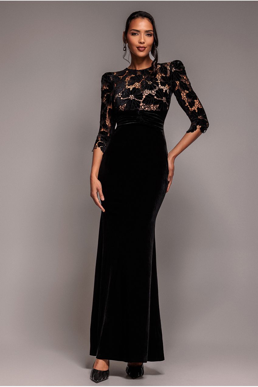 Scalloped Velvet Crochet Maxi Dress - Black