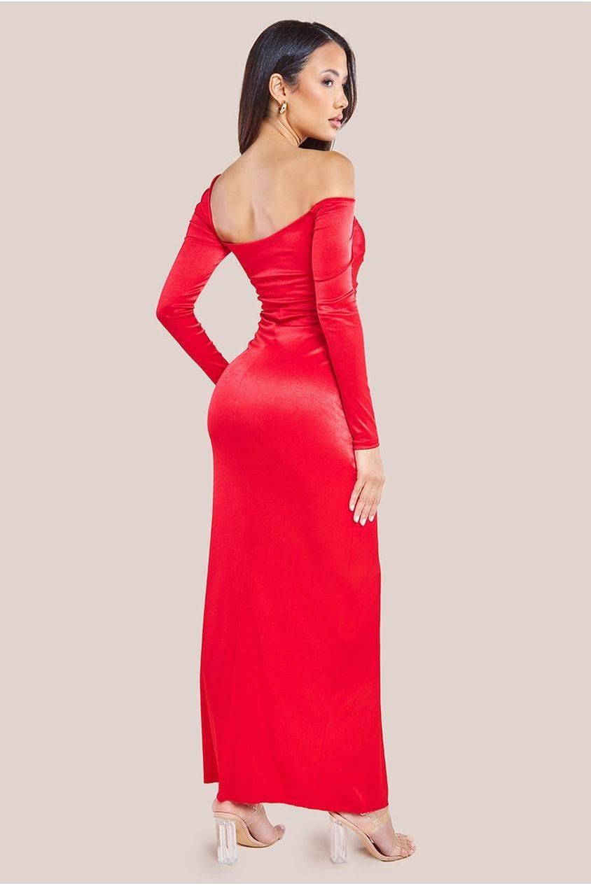 Slinky Satin One Shoulder Split Maxi Dress - Red DR4388