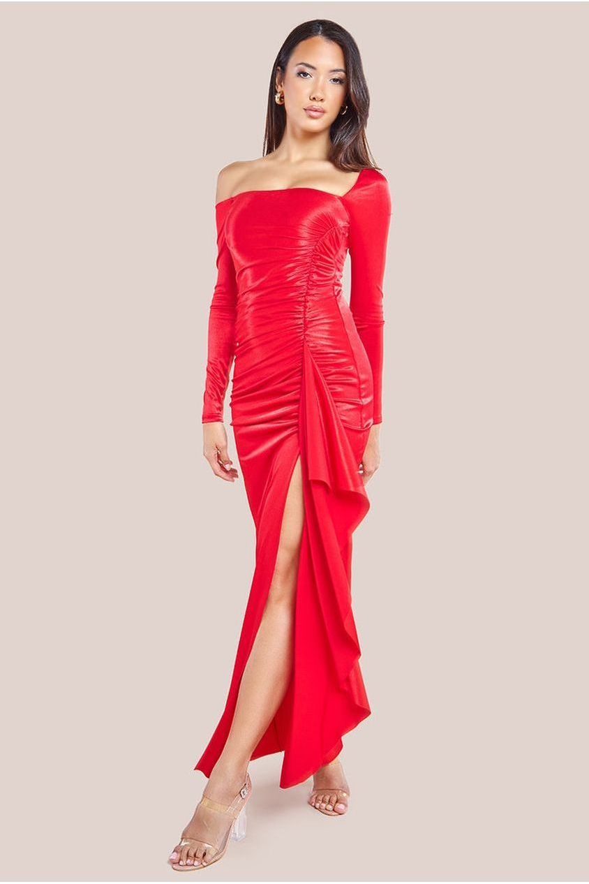 Slinky Satin One Shoulder Split Maxi Dress - Red DR4388