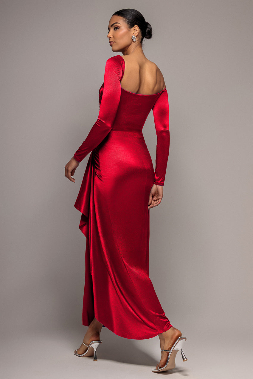 Slinky Satin One Shoulder Split Maxi Dress - Red DR4388
