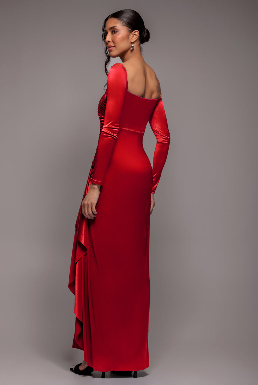 Slinky Satin One Shoulder Split Maxi Dress - Red DR4388