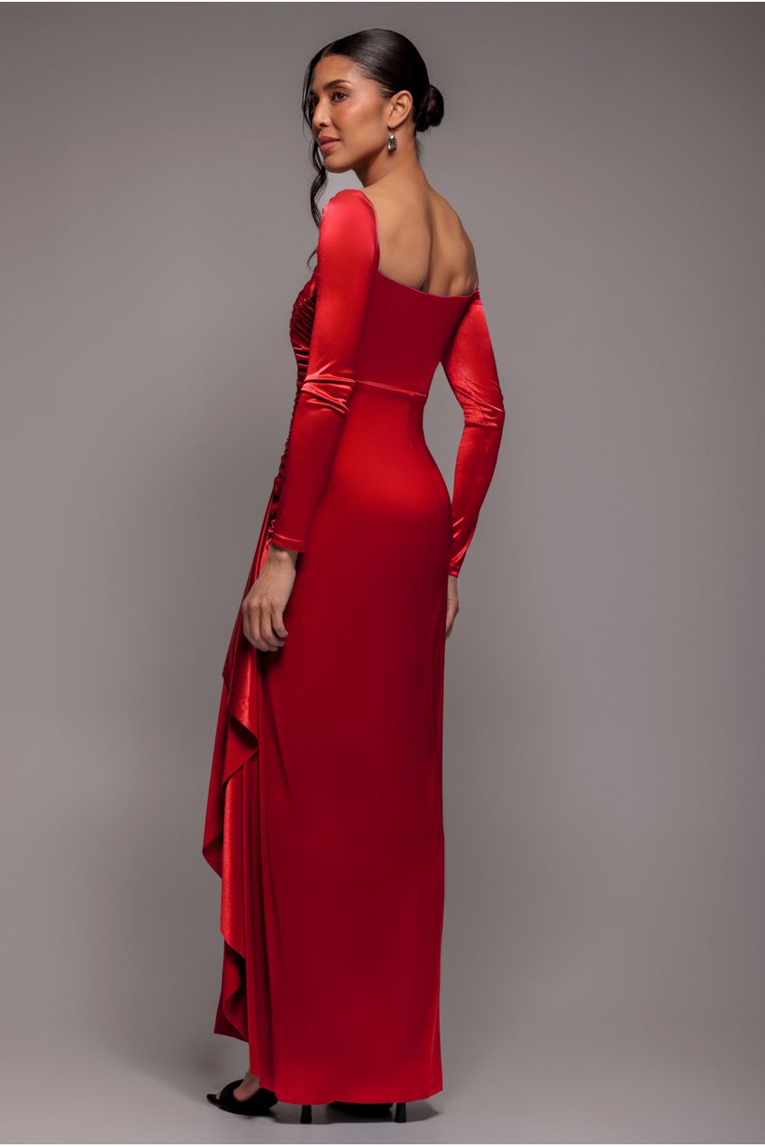 Slinky Satin One Shoulder Split Maxi Dress - Red DR4388